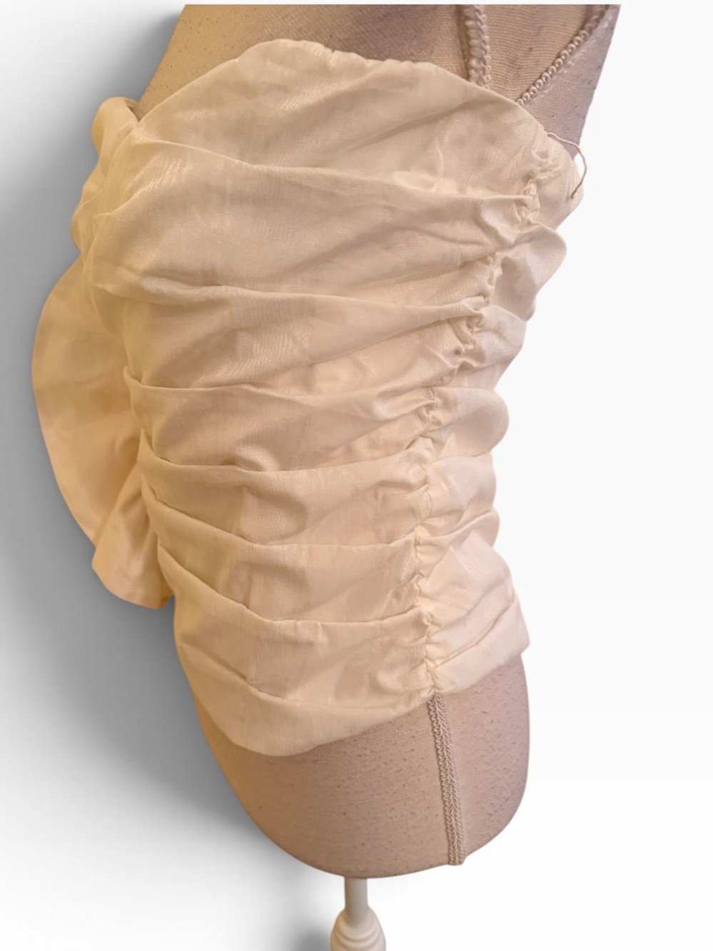 Express Cream Ruched Ruffle Bustier Strapless Top with Round Ruffle Side Accent - Picture 4 of 7